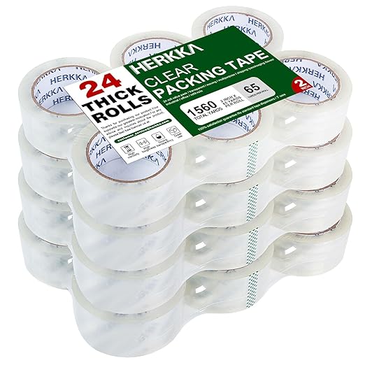 HERKKA Clear Packing Tape, 24 Rolls Heavy Duty Packaging Tape for Shipping Packaging Moving Sealing, Thicker Clear Packing Tape, 2 inches Wide, 65 Yards Per Roll, 1560 Total Yards