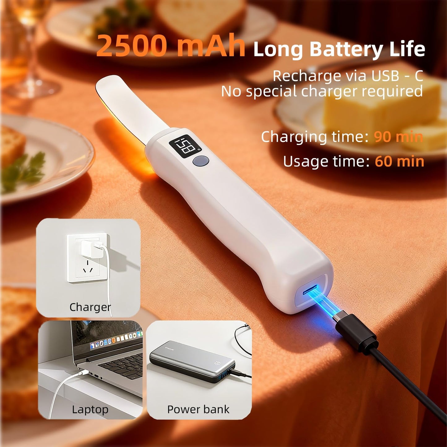 Rechargeable Heating Butter Knife Spreader,Adjustable Heat (131℉/158℉),Electric,Cordless,Heats up in 5 Seconds,Nonstick Stainless Steel Blade,Can Quickly Melt Cold Hard Butter and Coconut Oil,Cheese