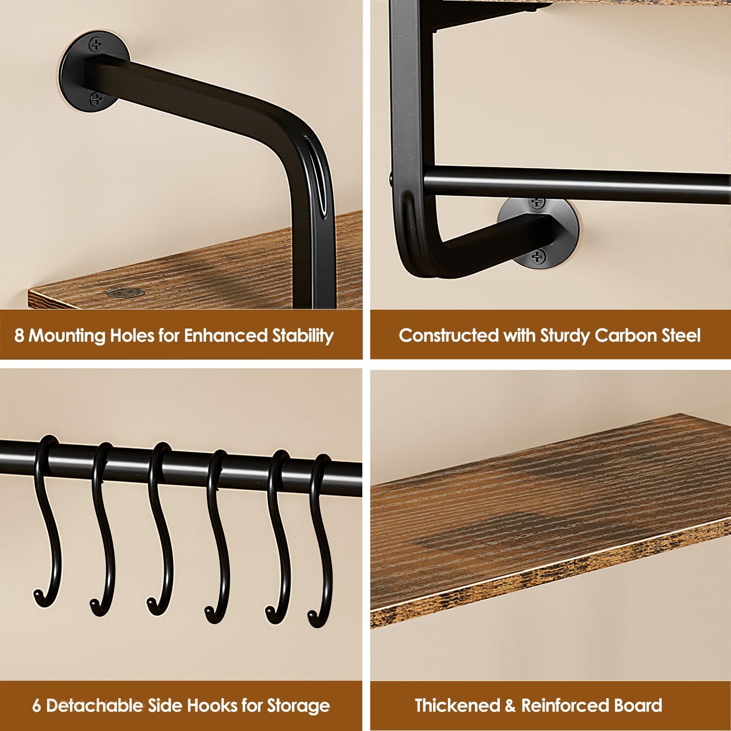 Kssiaz 3 Tier Industrial Pipe Floating Shelf, 24" Kitchen Wall Shelves with Towel Bar & 6 Hooks, Coffee Bar Shelves Display Bookshelf Wall Shelf for Kitchen, Bathroom, Home Décor, Rustic Brown