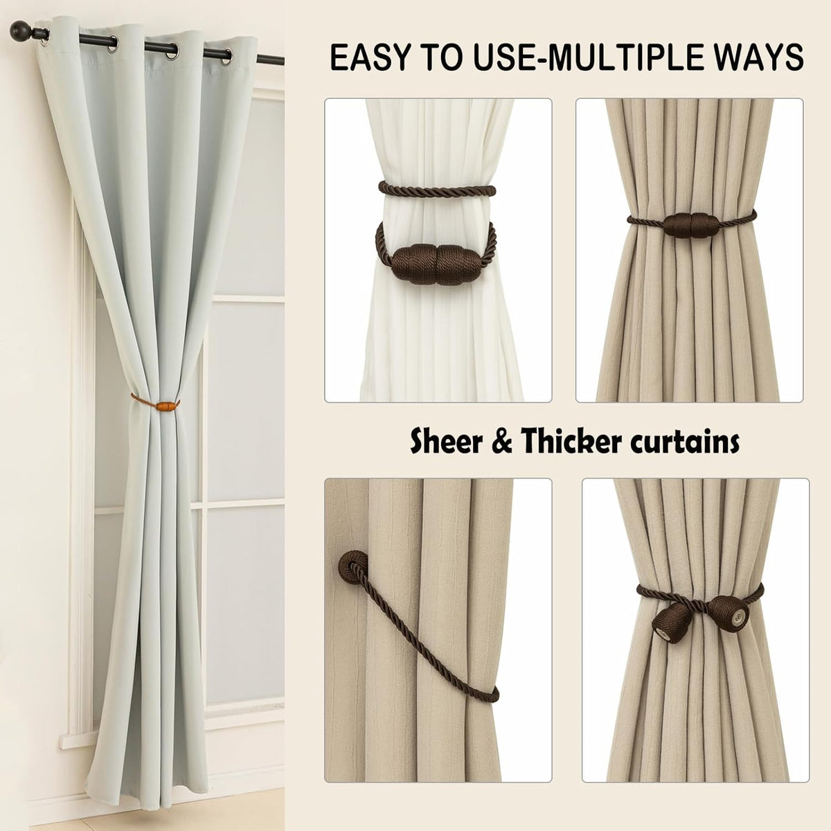 Magnetic Curtain Tiebacks Rope Curtain Tie Backs for Curtains 8 Pack Curtain Holders for Drapes Decorative Window Curtain Holdbacks, Coffee