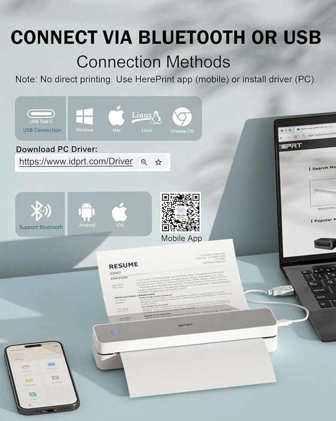 iDPRT Inkless Portable Printer for Travel, 300DPI Wireless Thermal Printer Support 8.5 x 11 Inch US Letter, A4, Small Bluetooth Printers Compatible with iOS, Android Laptop for Office Car Home, Grey