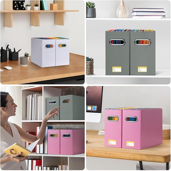 BALEINE File Organizer Box, Cardboard File Folder Organizer with Handle for Letter Size, Portable Collapsible Hanging Filing Box for Home Office Document Storage (4 Pack, Grey)