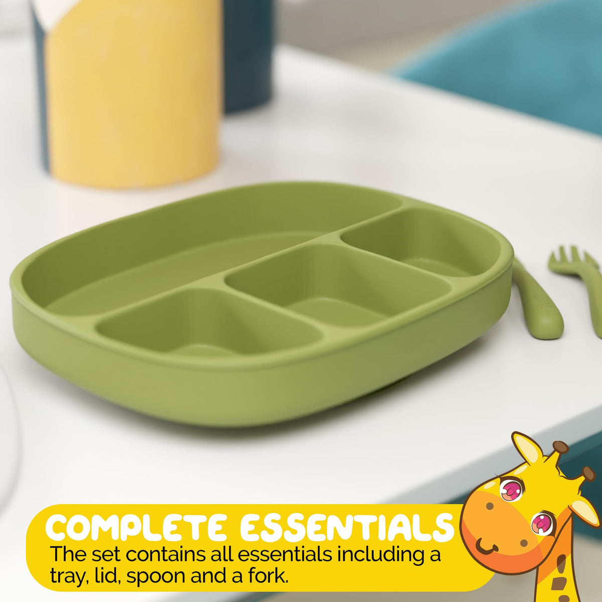 Muqee Peeko Toddler Necessities Baby Feeding Essentials Set for Baby in Green Color with Baby plates with Suction and Silicone Utensil Set - (3 Pieces)