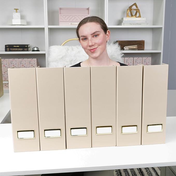BLU MONACO Set of 6 Foldable Magazine File Holders in Taupe – Sturdy Cardboard Vertical Organizers with Label Holders – Office File Storage Box, Desk Organizer, Paperwork and Document Holder