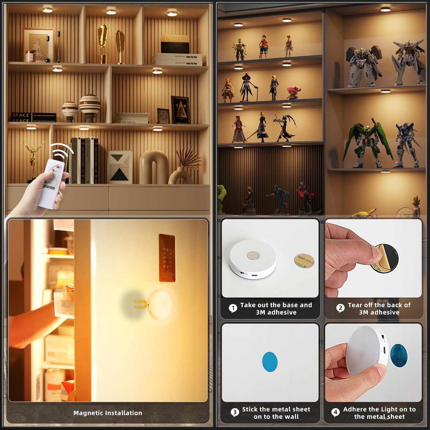 Puck Lights with Remote Control, Magnetic Under Cabinet Lighting, 1200mAh Rechargeable Stick On Lights for Under Cabinet, Hallway, Stairway, Closet (Cool White, 6pcs)