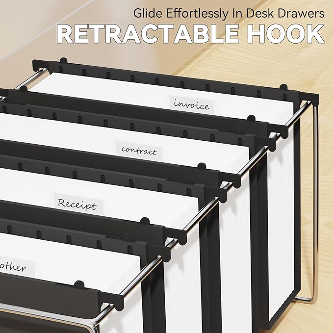 Plastic Hanging File Folder Letter Size,Heavy Duty 3“Expanding Reinforced Black Large Hanging Folders,Insert Gasket,Adjustable Tabs,Filing Cabinet Folder for Office/School/Home,12 Pack