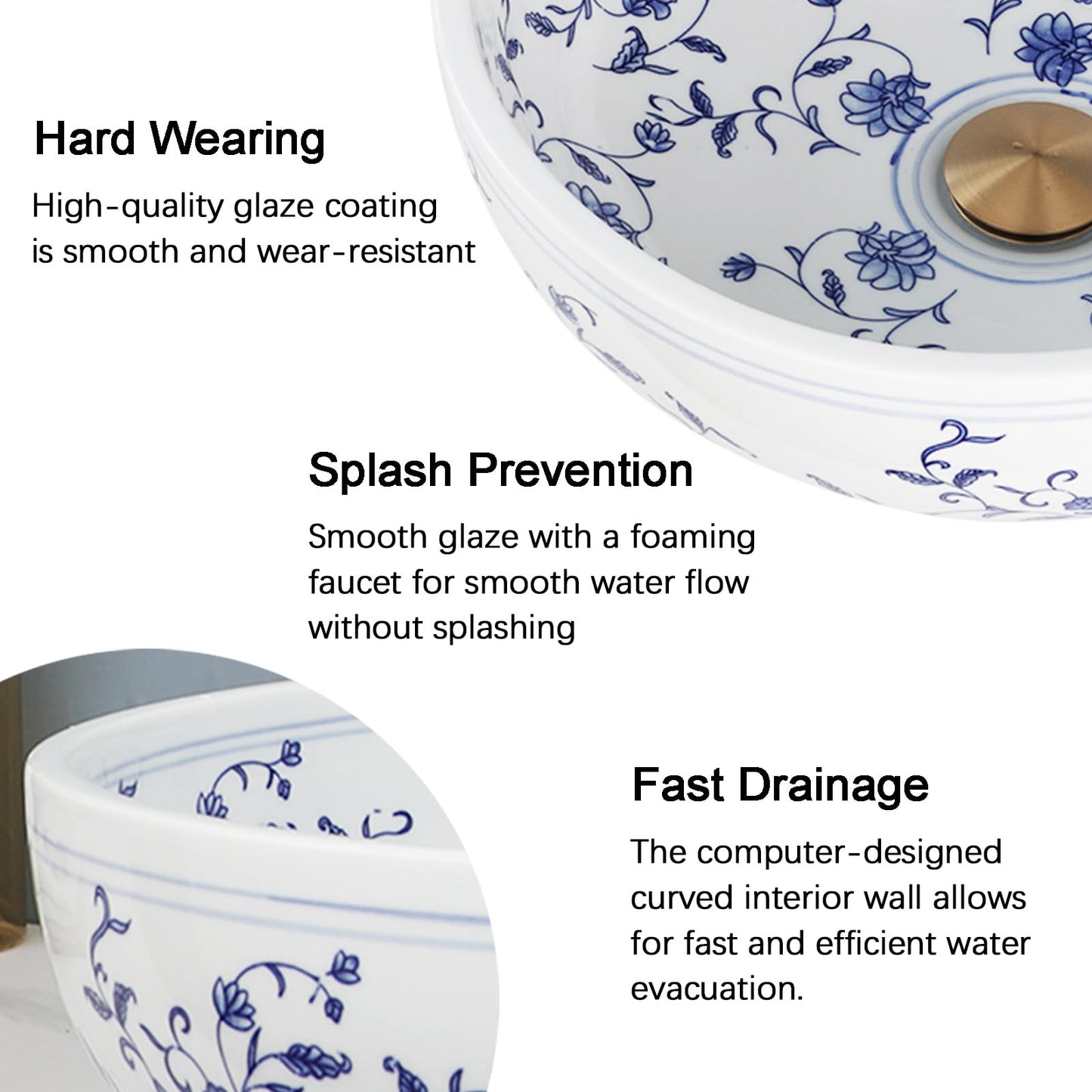 Lonuebu Bathroom Vessel Sink 16 Inch Vessel Sink Blue and White Ceramic Bathroom Sinks with Faucet and Drain Combo Bowl Sinks for Bathroom Vanity Above Counter