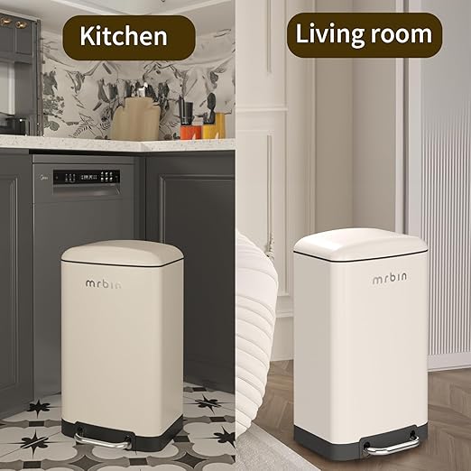 MRBIN Bathroom Trash Can with Lid, Metal Step Kitchen Waste Basket Touchless Soft Close, 20L / 5.2gal Rectangle Garbage Bucket with Stainless Steel Pedal for Office, Bedroom Accessories, White