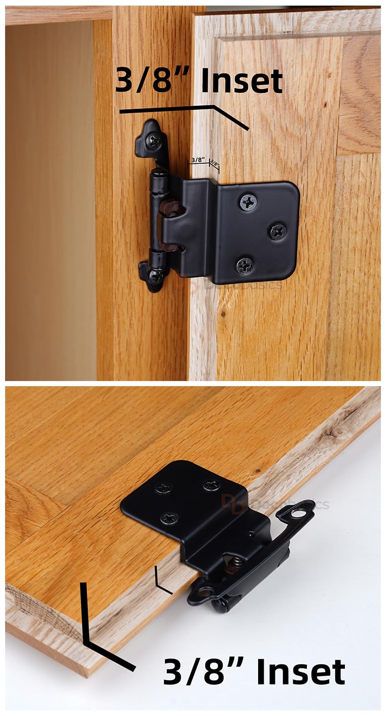 DecoBasics 3/8" Inset Cabinet Hinges Black (25 Pair -50 Pcs) Offset Self Closing Matte Black Cabinet Hinges for Kitchen Cabinets w/Bumpers & Upgraded Screws