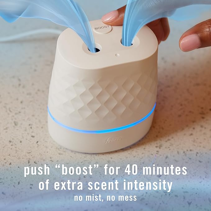 Febreze Plug Scent Booster Starter Kit, Oil Diffuser, Air Freshener Plug in, Continuous Scent Device + 2 Downy Calm Refills