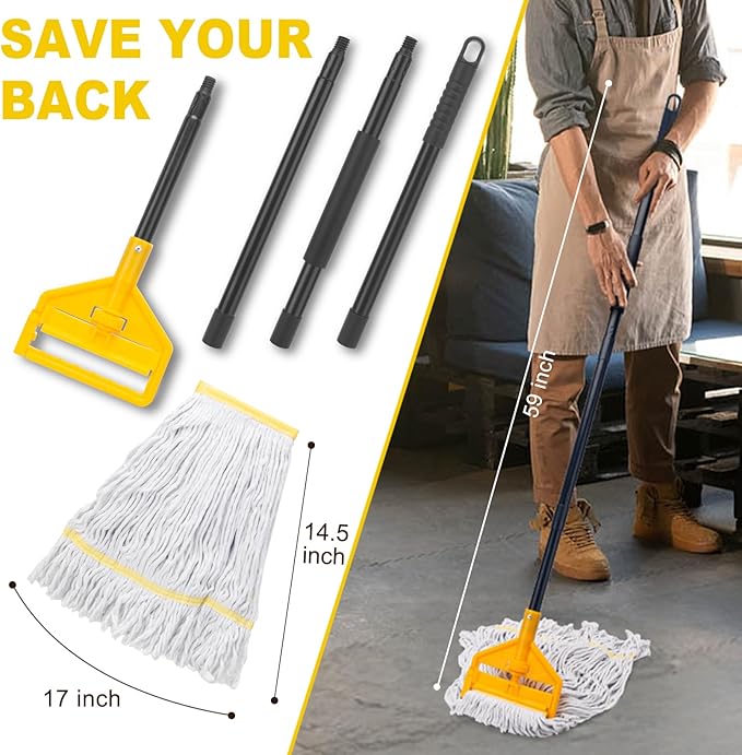 KeFanta 2 Pack Commercial Mop Heavy Duty Industrial Mops,60 inch Long Handle with Looped-End String Cotton Wet Mop Head Replacement for House,Kitchen,Laminate,Tile,Vinyl,Hardwood Floor Cleaning