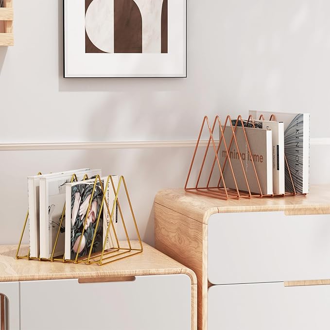 Urban Deco Triangle Desk Organizers Metal Wire Magazine Holder 7 Sections Decorative File Folder Organizer Vinyl Record Storage Office For Desk - Gold Magazine File Holder - Pack of 2