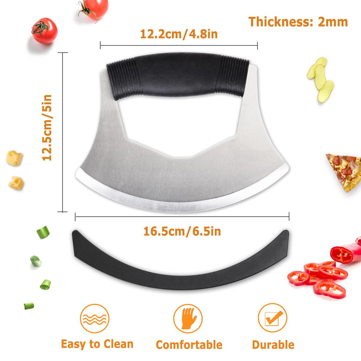 XoYoZo Salad Chopper Mezzaluna Knife with Protective Cover and Anti-Slip Handle - Stainless Steel Vegetable Cutter, Onion Chopper, Pizza Cutter