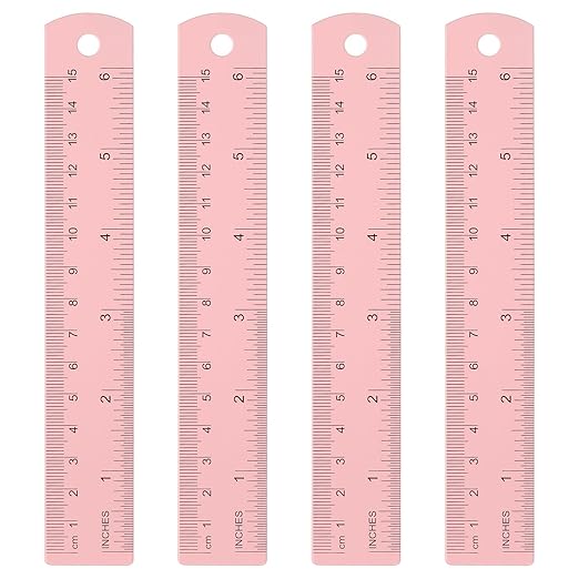 HARFINGTON 4pcs Metal Straight Ruler 15cm Metric SAE Aluminum Alloy Measuring Rulers Scale Tool with Hole for Measure Study Reading Classroom Office, Pink