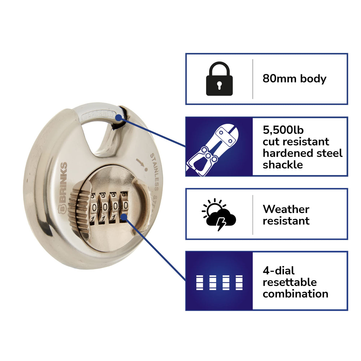 BRINKS – Heavy Duty Combination Padlock – 80mm Chrome Plated Lock with Hardened Steel Shackle – Resettable Security Lock for Storage Lockers, Toolboxes, Outdoor & Indoor Sheds, and More