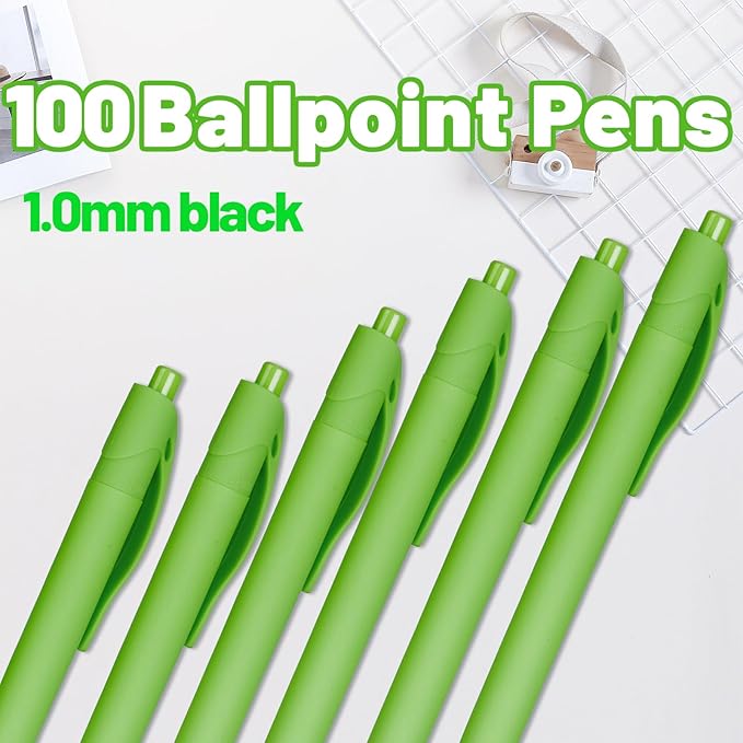 BallPoint Pens, 100 Pack (BLACK Ink),Bulk Pens, Light Green Barrel,Click Pens for Office Home and School, Retractable Ballpoint Pens, Medium Point, 1.00MM (Light Green)