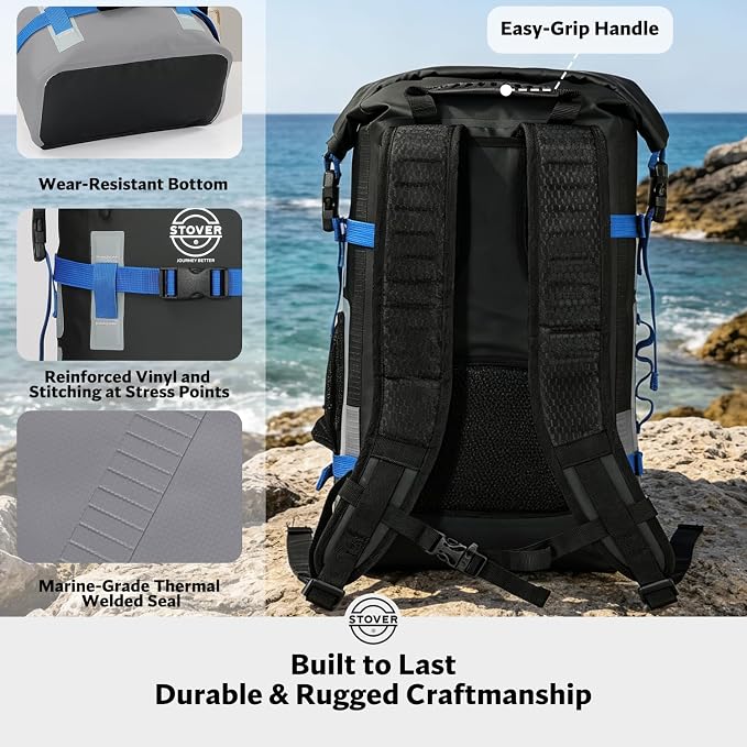 STOVER 30L Waterproof Dry Backpack & Phone Case - X-Large Floating Dry Bag for Kayaking, Travel, Hiking, Fishing, Camping, Motorcycles & Beach, Heavy-Duty Roll Top Men/Women (Black/Grey/Blue)