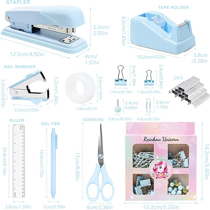 Desk Accessories with Pen Holder, Office Supplies Desk Organizers and Accessories, Tape Dispenser, Stapler, Staple Remover, Staples, Clips Set, Ruler, Scissor, Pen, Tape (Blue)