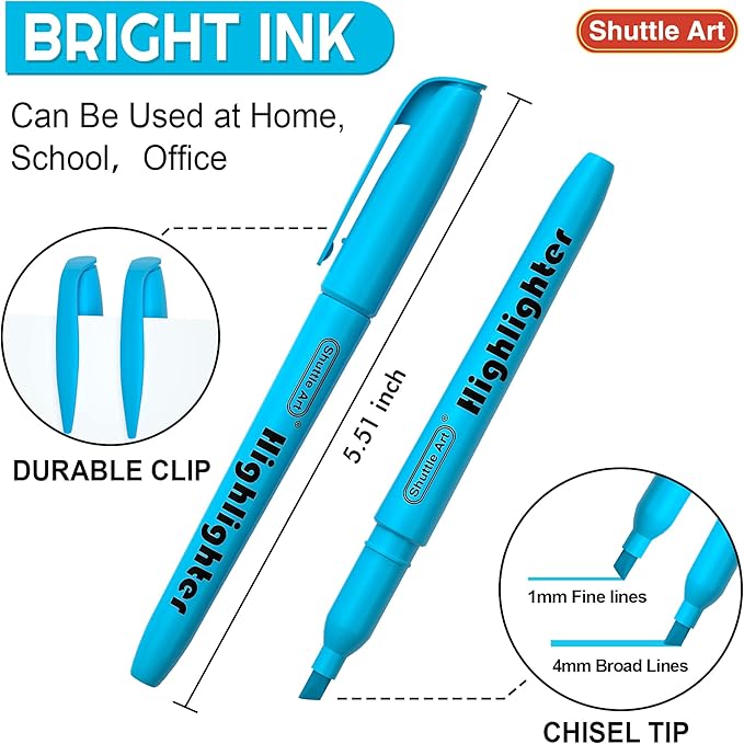 Shuttle Art Highlighters, 30 Pack Blue Highlighters Bright Colors, Chisel Tip Dry-Quickly Non-Toxic Highlighter markers for Adults Kids Highlighting in the Home School Office