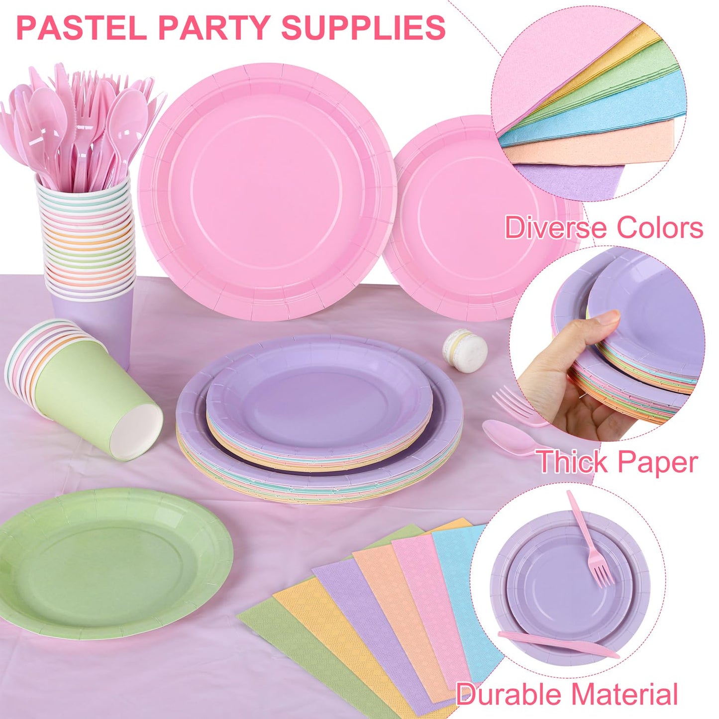 Kochorie 169 Pieces Pastel Party Supplies Disposable Dinnerware Set Include Plates and Cups Napkins Plastic Forks Knives Spoons Tablecloth for Wedding Birthday Party Decorations, Serve 24 Guests