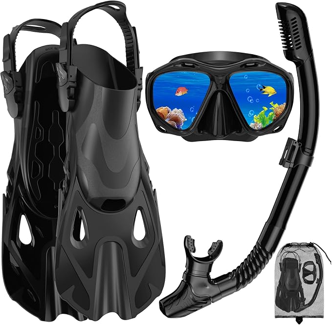 Snorkeling Gear for Adults, Mask Fin Snorkel Set, Dry Top Snorkel Mask, Panoramic View Anti-Leak Anti-Fog 3 in 1 Snorkeling Kit Travel Diving Package with Storage Bag