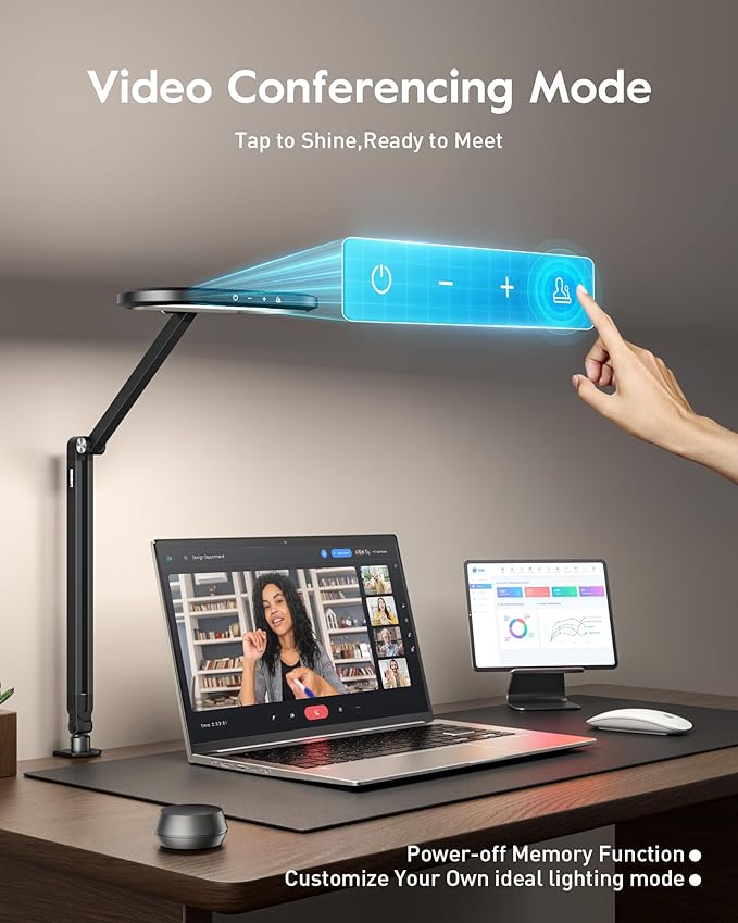 Desk Lamp for Home Office, Eye-Care Dual-Sided Seamless Dimmable LED Desk Light with Knob Remote, Adjustable Arm Clamp Computer Lighting for Video Conference Recording, Zoom Call, Task, Stream