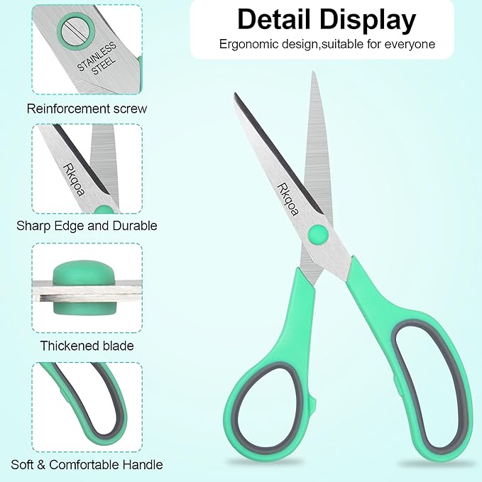 Scissors, Rkqoa 8" Adult Scissors All Purpose 6 Pack - Comfort-Grip Sharp Shears for Office School Sewing Fabric Craft Art Supplies, Teacher/Class Everyday Use, Right/Left Handles