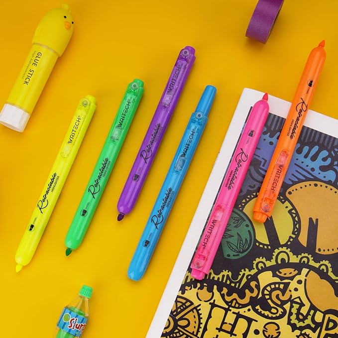 WRITECH Retractable Highlighters Assorted Colors: Chisel Tip Click Aesthetic Highlighter Marker Pens Pack Multi Colored Ink No Bleed Smear for Highlighting Journaling (6ct Neon)