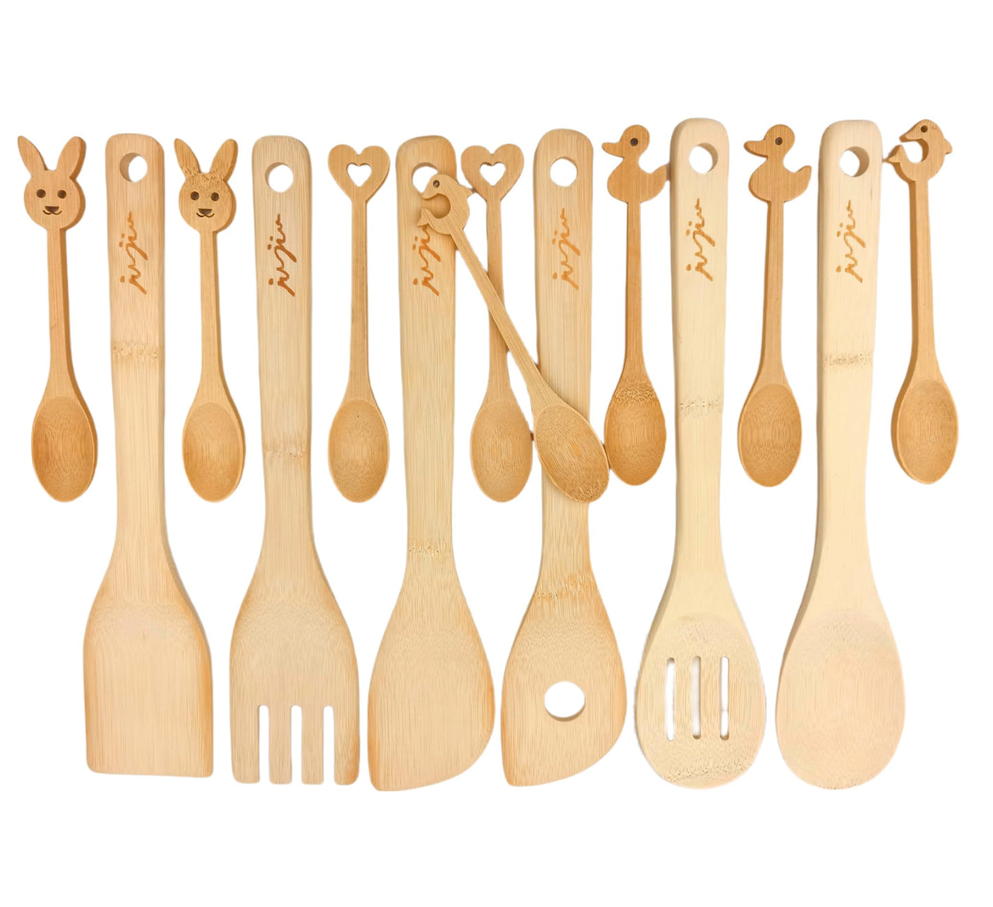 JUJIU 14-Piece Bamboo Wooden Kitchen Utensil Set - 6 Non-Scratch Heat-Resistant Cooking Tools with Storage Holes + 8 Small Spoons for Coffee, Tea, Eco-Friendly Sustainable Kitchen Gift Set