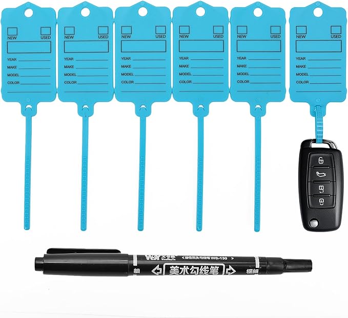 200 Car Key Tags with Labels Plastic Car Dealership Key Tags Self Locking Automotive Identifiers Blank Shop Labels with One Pen (Blue)