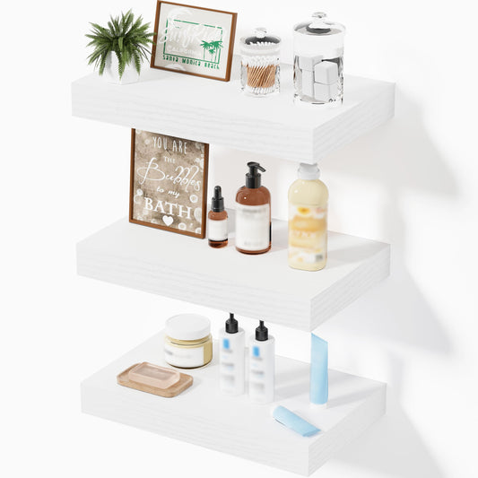Mifurn Floating Shelves, White Wooden Set of 3 Wall Mounted Bathroom Shelves Over Toilet, Modern Small Hanging Shelves for Bedroom Living Room Kitchen Home Decor Storage, 12" x 7" x 1.5"