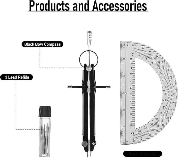 EBOOT Student Geometry Math Set, Drawing Compass and 6 Inch Clear Swing Arm Protractors 180 Degree Math Protractor (Black and Black)