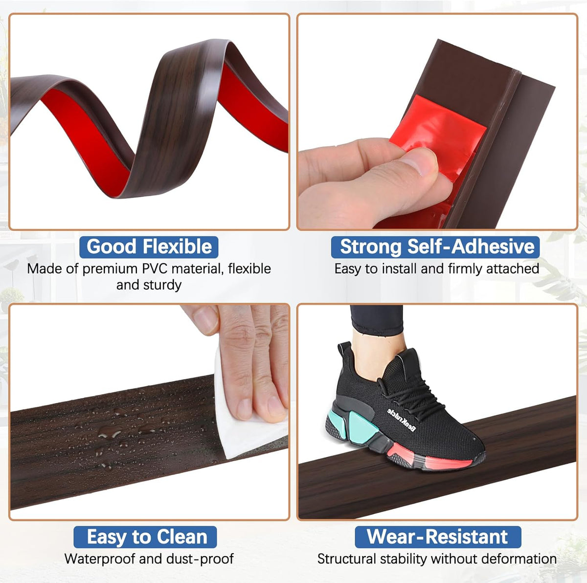 Vinyl Door Threshold Flooring Transition Strip Self Adhesive Carpet Edging Strip for Laminate Doorway Edge Threshold from 3/5" to 4/5" (Brown Wood Grain, 3.3 Ft)