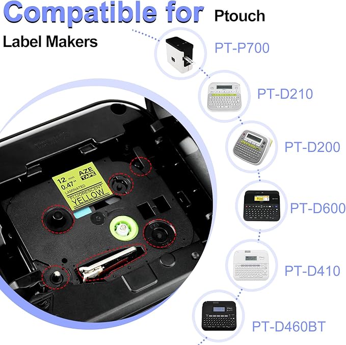 Label Tape Refills Compatible for Ptouch TZe-C31 TZ C31 Laminated Black on Yellow Fluorescent 1/2" 12mm for PTD200, D210 D400 D600 PTH100 H110 PTP300BT PTP700 PTP710BT, 2 Pack
