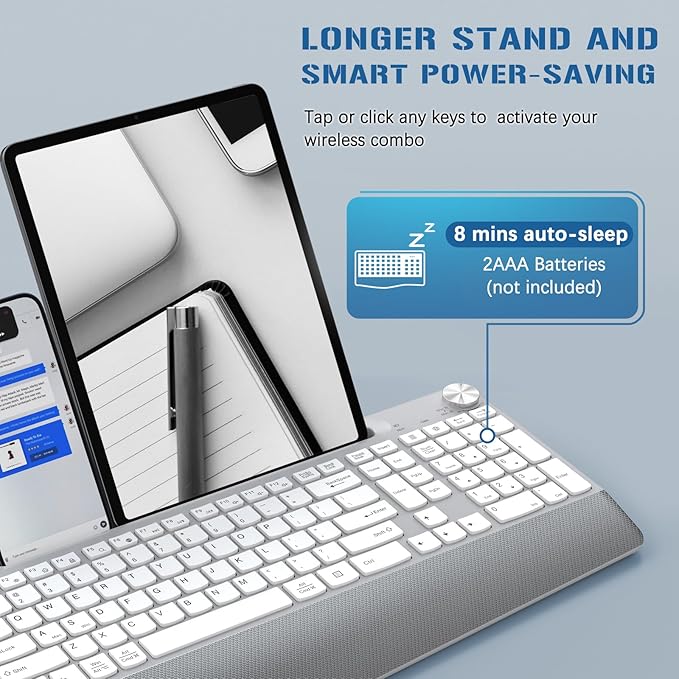 Ergonomic Wireless Keyboard with Wrist Rest-Low-Profile,Phone/Tablet Holder,Quiet Design，Windows & Mac OS，Full Size Cordless USB Computer Keyboard for Desktop,Laptop, PC, Mac, Windows-White