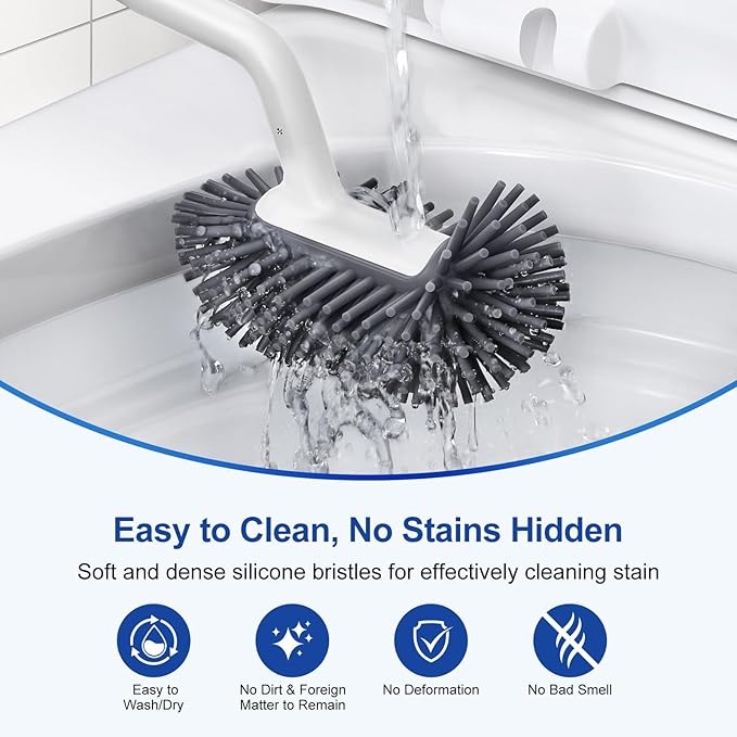 HAMITOR Toilet Bowl Brush Holder Set: 2Pack Deep Cleaning Silicone Toilet Scrubber Under Rim with Curved Bristle for Bathroom Dead Corner Clean - Modern Rv Decorative Accessories