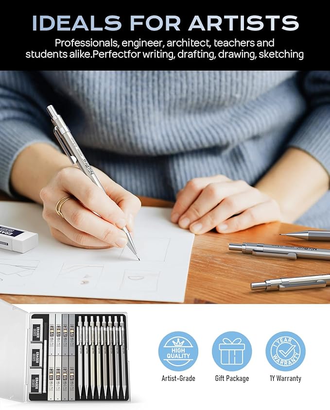 Nicpro 8 Pack 0.5mm & 0.7mm Metal Mechanical Pencil Set, MB1000 Lead Drafting Pencil for Artist Writing, Sketching, Drawing with 8 Tubes HB Lead Refills, 3PCS 4B Eraser, 9PCS Cap Eraser - With Case