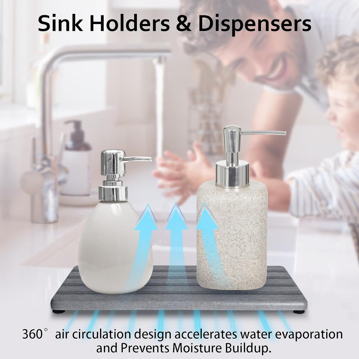 Set of 3 Diatomite Hand Soap Holder, Water Absorbing Stone Tray for Kitchen Countertop, Fast-Drying Bathroom Trays(1pcs 22 x 10cm + 2pcs 10 x 10cm Grey)