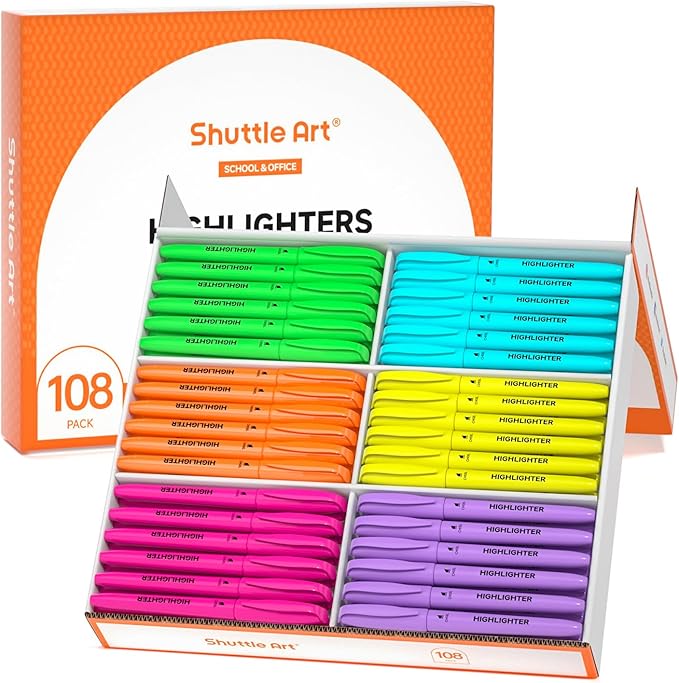 Shuttle Art 108 Pack Highlighters, Highlighters Assorted Colors Set, 6 Bright Colors Chisel Tip Dry-Quickly Non-Toxic Highlighter Markers Bulk for Adults Kids Highlighting in Home School Office