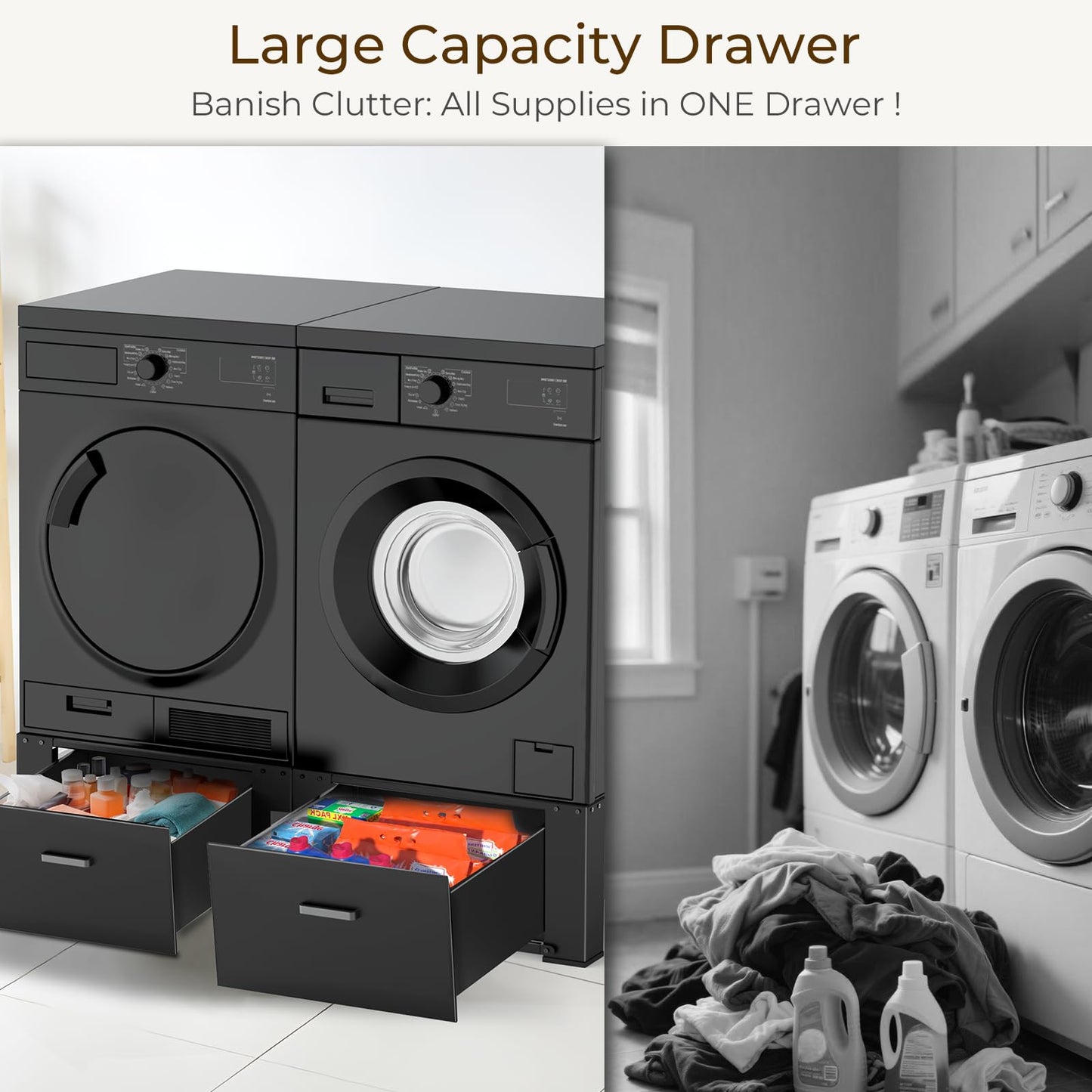 SKM Washer and Dryer Pedestal with Drawer, Laundry Pedestal for Washer and Dryer Stand, Heavy Duty Steel Washing Machine Stand Height Raiser (2, black, 29" W x 29" D x 14" H)