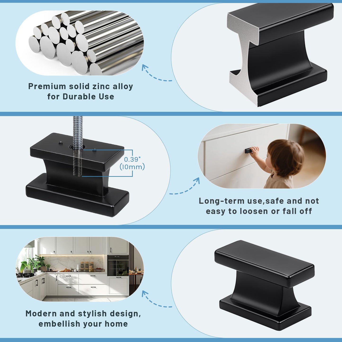 KNOBWELL 10 Pack Matte Black Solid Cabinet Knobs Overall Length 1-1/2 Inch Single Hole Kitchen Cabinet Hardware for Cupboard Drawer Dresser Knobs