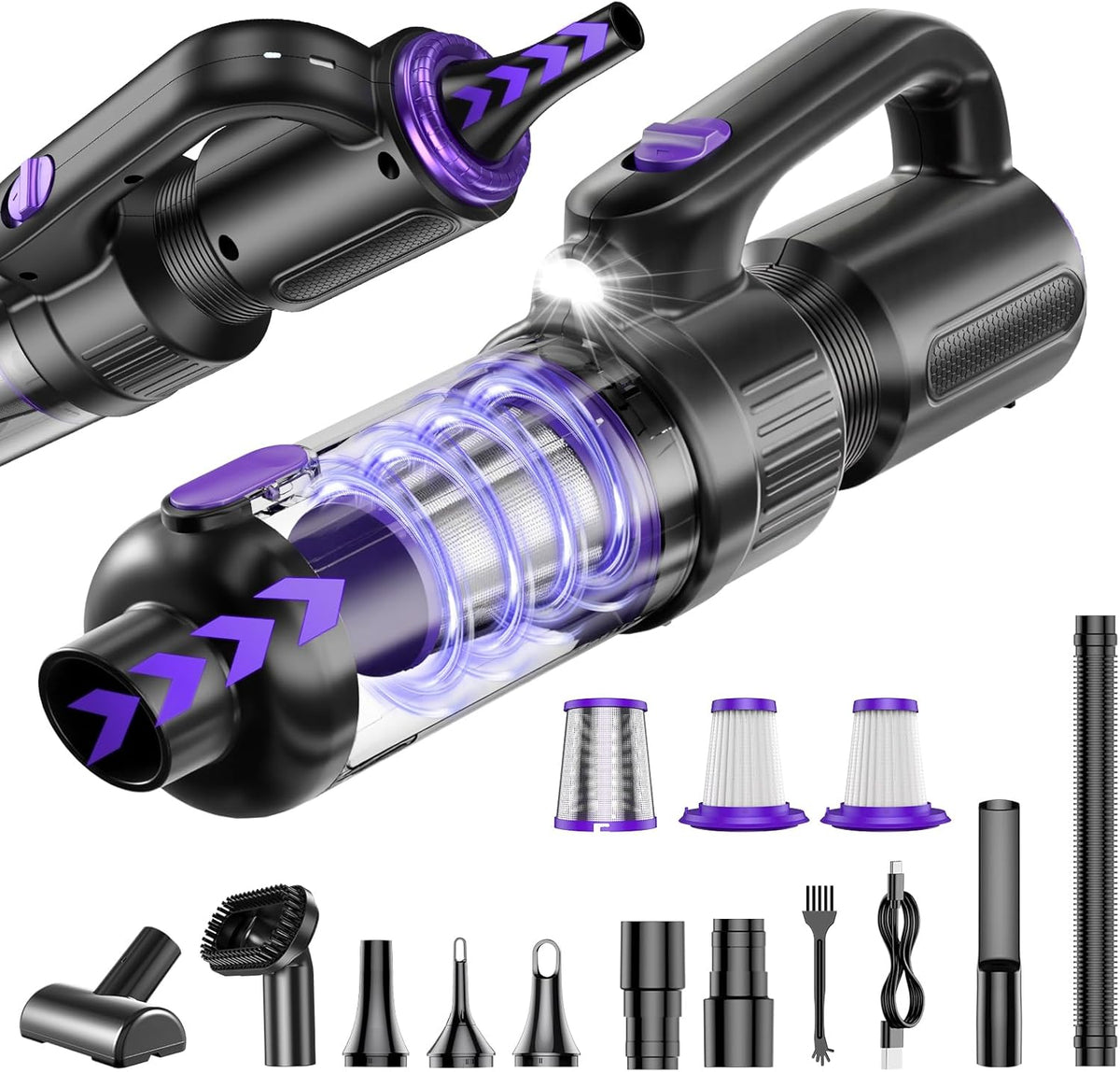 Car Vacuum Portable Cordless, 20000Pa Mini Vacuum Cleaner & Air Duster, 130W Brushless Motor Handheld Vacuum Cordless with LED Light, 7800mAh Battery, Multi-Nozzles for Car, Office, Home, Pet