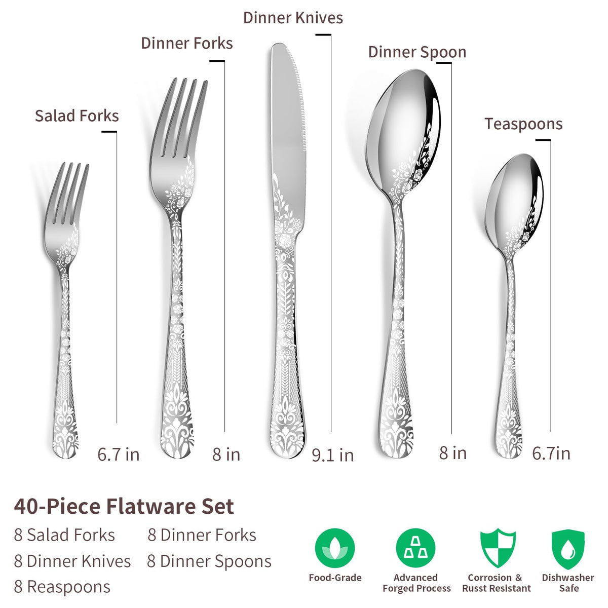 40 Piece Silverware Set, Stainless Steel Flatware Cutlery Set Service for 8, Mirror Polished Tableware Eating Utensils Set for Home Kitchen, Include Knife Fork Spoon Set, Dishwasher Safe