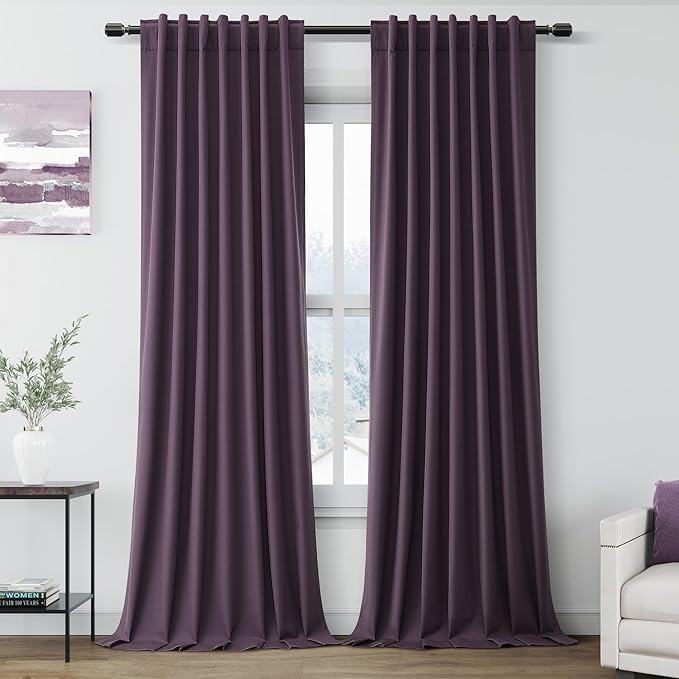 Nanspring Plum Linen Blackout Curtains 90 Inches Long Back Tab Rod Pocket Noise Reducing Sound Absorbing Light Blocking 2 Panels Set for Dining Room Modern Farmhouse Curtains Drapes 52x90