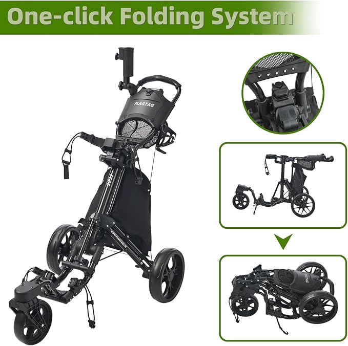 FLAGTAG Golf Push Cart 3 Wheel with 360 Swivel Front Wheel,Lightweight and Foldable Walking Golf Cart，One-Click Foldable,with Foot Brake