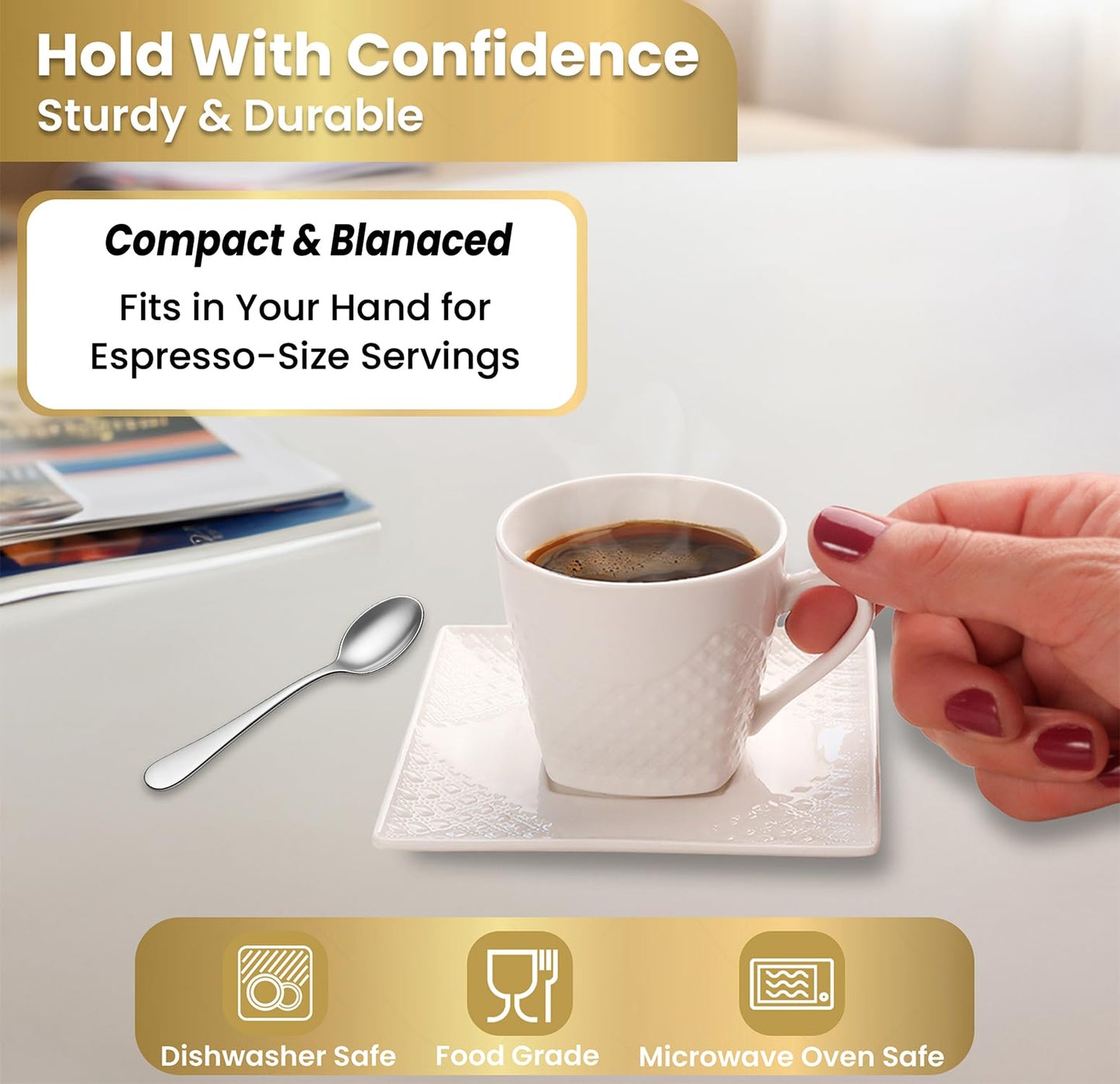 FUOCCI Espresso Cups With Saucer - 3 oz (90 ml) Turkish Coffee Cup, Small Modern Embossed Porcelain for Expresso, Cuban & Arabic Coffee, Elegant White (Set of 6)