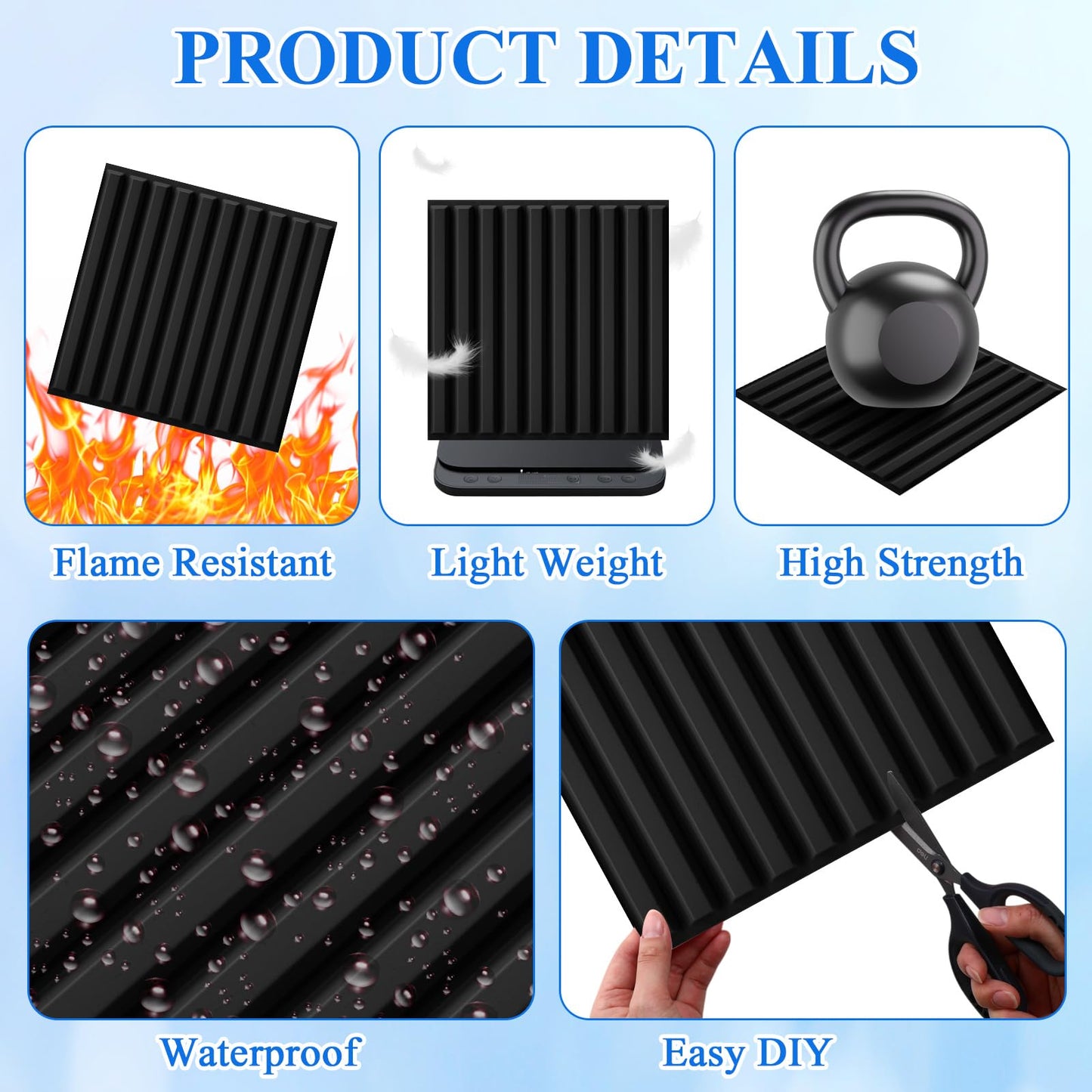 Nuanchu 32 Pcs 3D Wall Panels for Interior Wall Decor, 12''x12'' Fluted Textured Black Accent Tiles Waterproof Paintable for Living Room TV Background Bedroom Bathroom Gaming Room, 58 Sq. ft Coverage