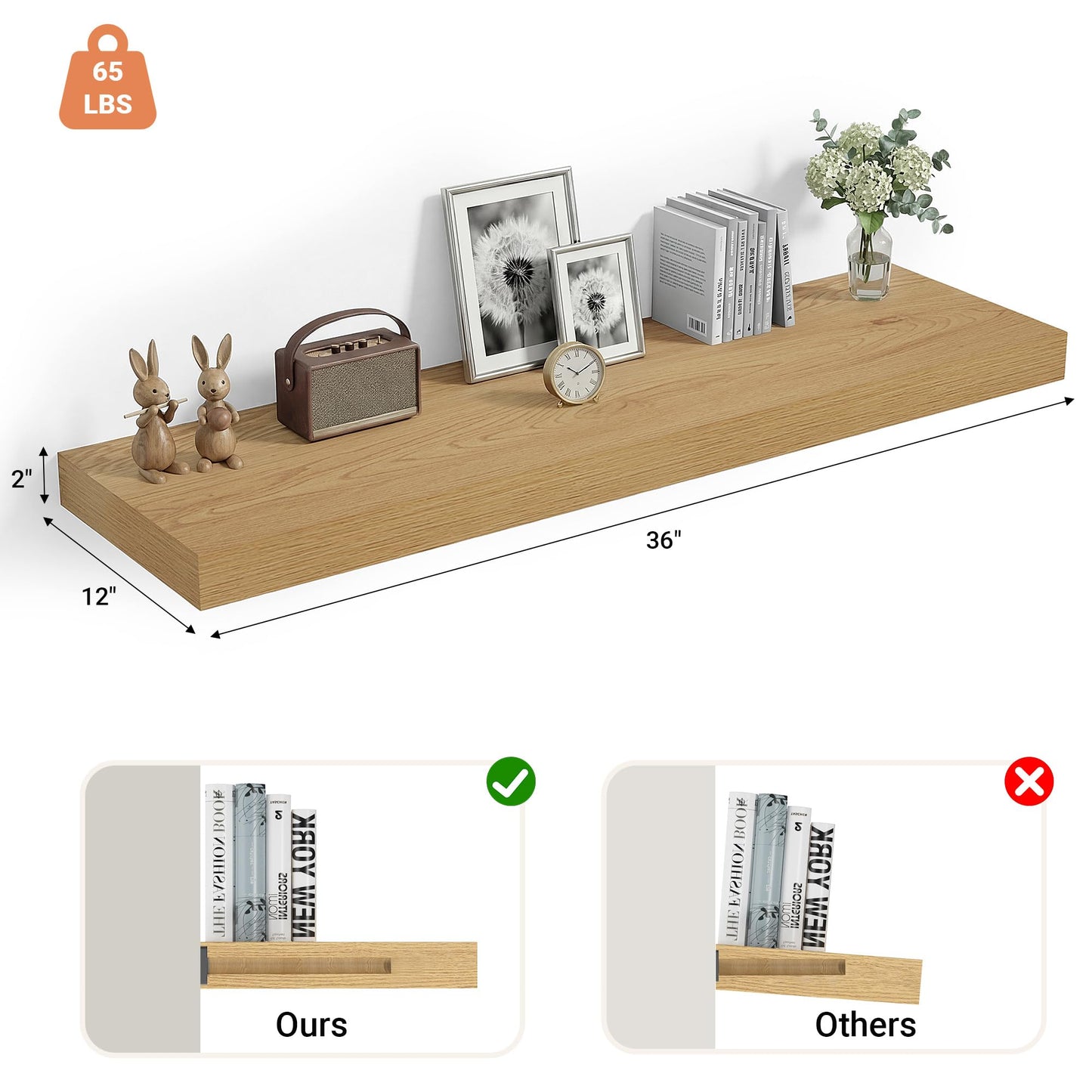 Heimlove 12" Deep Floating Shelves, 36 x 12 Inch Wall Mounted Long Floating Shelf with Invisible Brackets, for Home Decor, Bedroom, Kitchen, Living Room, Bathroom - 1 Pack, Oak