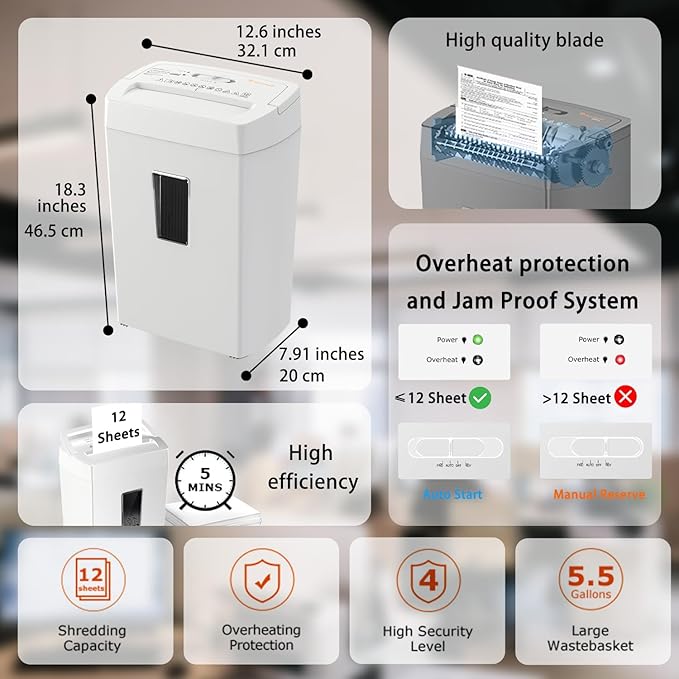 Bonsaii Heavy-Duty Cross-Cut Shredder, Handles up to 12 Sheets at Once, Providing P-4 high Security, Credit Cards, Mail & taples, 5.5-Gallon bin with a Transparent Window, Use in Home Offices, White