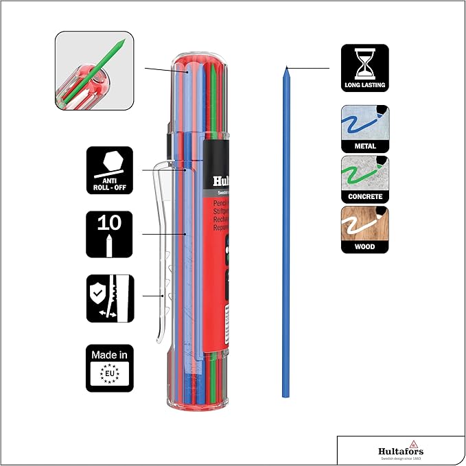 Hultafors Tools 650140U Dry Marker Refills HRD, Heavy Duty, Multi-Purpose, Blue, Green & White, 10 Leads